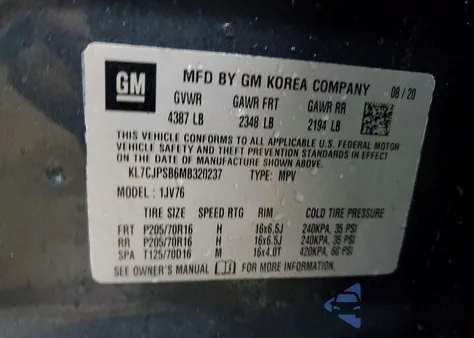 2021 Chevrolet Trax 1Lt из США, поврежденный, VIN KL7CJPSB6MB320237